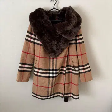 체크 베이지 캐시미어 코트 자켓 퍼