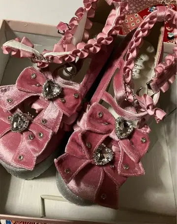 Ank Rouge 반짝반짝 비쥬 벨로아 리본 통굽 신발 핑크 LL