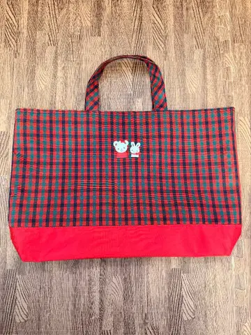 파밀리아 체크 무늬 토트백 ( 곰과 토끼 자수 )