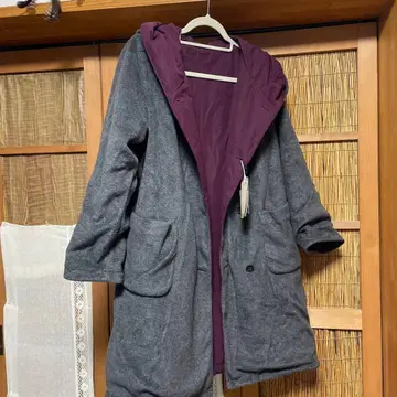 택 포함 새상품 studio CLIP 후드 부착 그레이/보르도 롱 코트