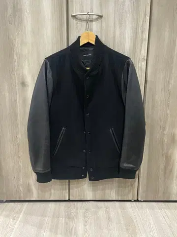 블랙 바시티 자켓 울 가죽
