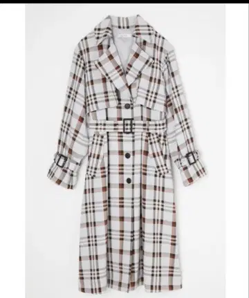 화이트 체크 무늬 벨트 롱 코트
