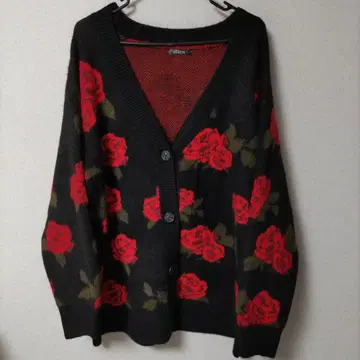 [ 미사용 ] 꽃무늬 가디건 블랙 레드 장미 무늬 장미