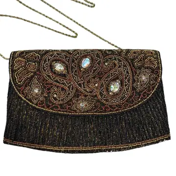 [ 새상품급 ] 빈티지풍 비즈 자수 백 파티 골드 x 블랙 백