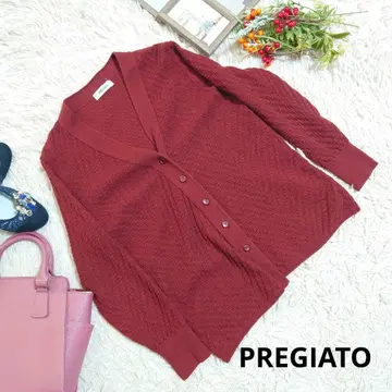 PREGIATO 가디건 (M 상당) 빨간색 계열/V넥/헨리본 패턴풍
