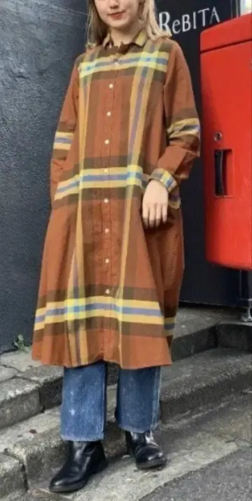 [ 새상품급 ] BEAMS BOY 빅 타탄 셔츠 원피스 브라운