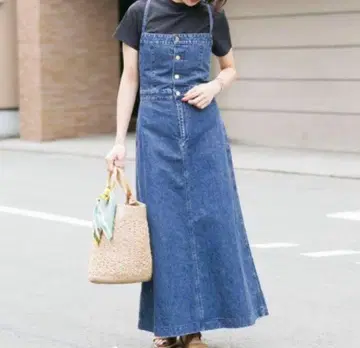 리 데님 오버롤 스커트 롱 스커트