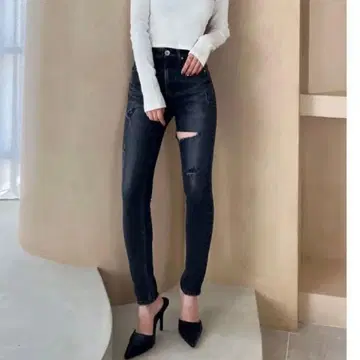 제이다 하이웨스트 thigh high 데미지 데님 팬츠 블랙 XS