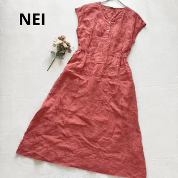 네이 반팔 셔츠 원피스 롱 원피스 린넨 100% 빨간색 오렌지