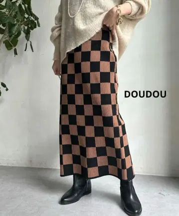 DOUDOU 블록 체크 니트 스커트 베이지