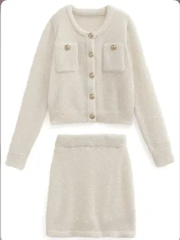 GRL 그레일 라메 페더 니트 가디건 x 미니 스커트 셋업