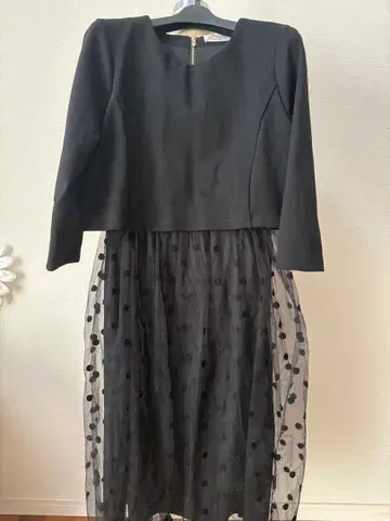 Gracefulsmile 블랙 쉬폰 도트 무늬 원피스 7부 소매