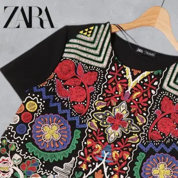 J297@ ZARA 자수 절개 원피스 L 블랙