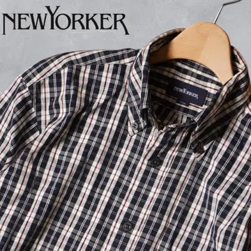 J331@ NEWYORKER 체크 무늬 버튼 다운 셔츠 L 네이비