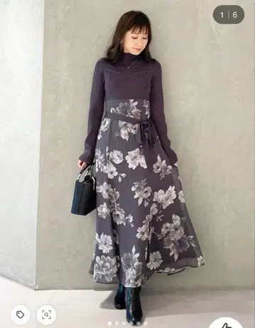 MERCURYDUO 플라워 도킹 롱 슬리브 원피스