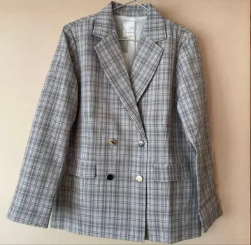 미사용 새상품 더블 테일러드 자켓 체크 무늬 그레이 S 깔끔한