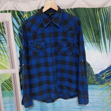 파랑과 블랙 체크 무늬 플란넬 셔츠 웨스턴 M 사이즈