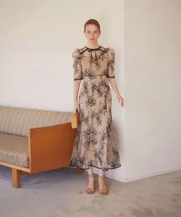 leja 원피스 꽃무늬 리본 퍼프 슬리브 머메이드 원피스 드레스