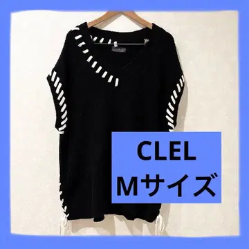 여성용 CLEL 핸드스티치 블랙 V넥 니트 베스트 M 사이즈