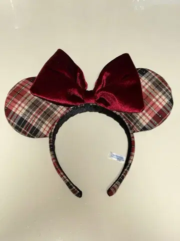 미키 귀 머리띠 체크 무늬 보르도 리본