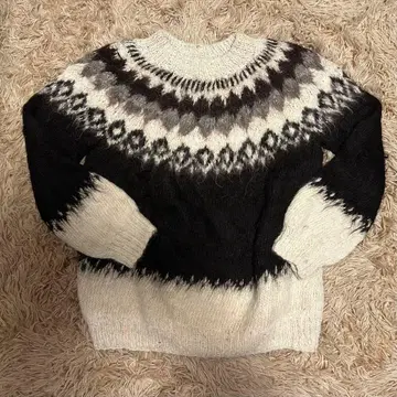 알파카 니트 노르딕 무늬 볼리비아제 핸드메이드 빈티지 브라운