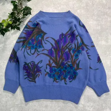파랑 블루 계열 꽃무늬 루즈핏 소매 레트로 구제 니트