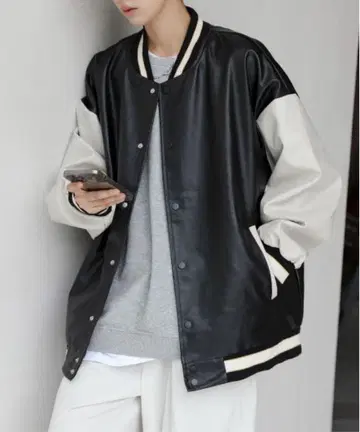 가죽 바시티 자켓 스타일 자켓 블랙/화이트