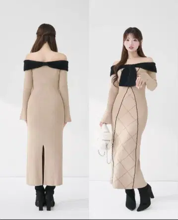 리본 스티치 니트 롱 원피스