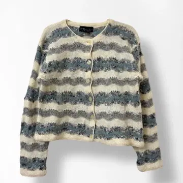 구제 의류 스트라이프 패턴 니트 가디건 스웨터 블루 그레이