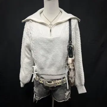 헤이세이 갸루 y2k 그런지 라메 크롭 니트 레이스업 하프 지퍼