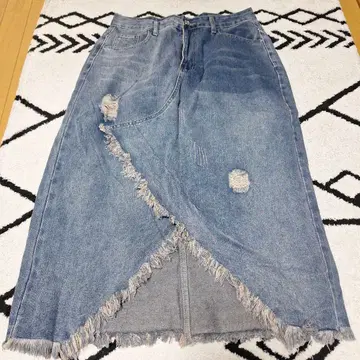 데님 롱 스커트 프린지 가공 라이트 블루