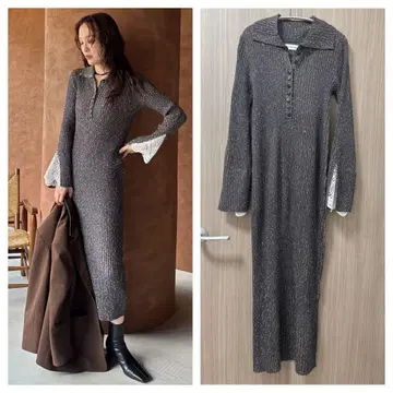 [ 택 포함 새상품 ] 러그나문 레이스 슬리브 네프 리브 니트 원피스