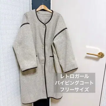 RETRO GIRL 베이지 울풍 롱 코트 파이핑 코트