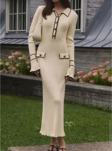 니트 롱 원피스 리브 프릴 펄 버튼 트리밍 화이트