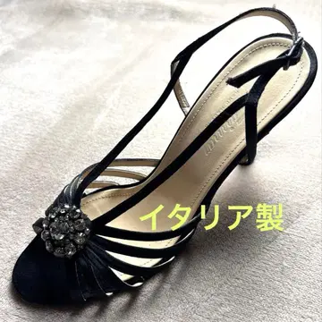 블랙 새틴 소재 하이힐 샌들 비쥬 장식 이탈리아제
