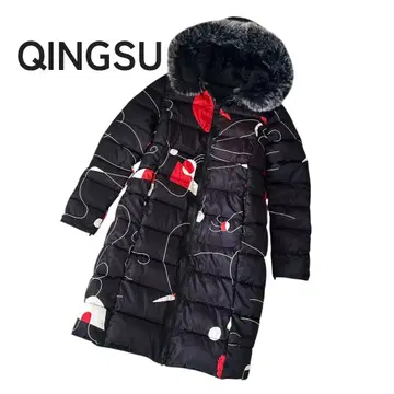 QINGSU 충전솜 코트 후드 인조 모피 L 아우터 자켓