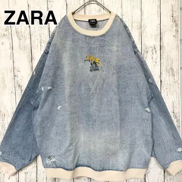 [ 인기 ] ZARA 자라 맨투맨 라이트 블루 데님 데미지 가공
