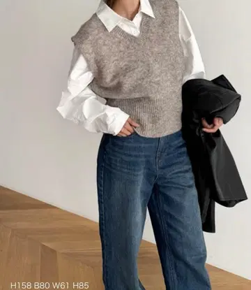 CANAL JEAN El mar 울 혼방 V넥 니트 베스트 베이지