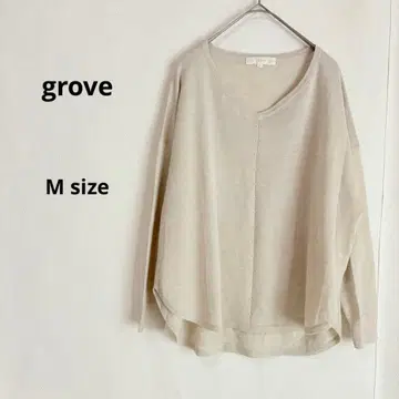 grove 그로브 7부 소매 티셔츠 M 베이지 V넥 비침 울 혼방