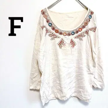 여성용 자수입 화이트 7부 소매 상의 [ 프리 사이즈 ] 웨스턴풍