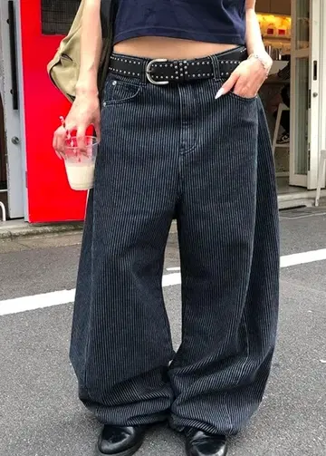 hoop/스트라이프 와이드 코튼 팬츠