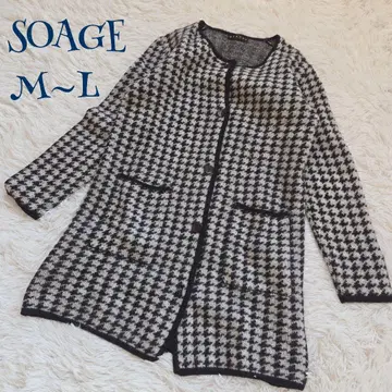 빈티지 ] 울 100% 하운드투스 체크 패턴 노카라 니트 코트 가디건 M