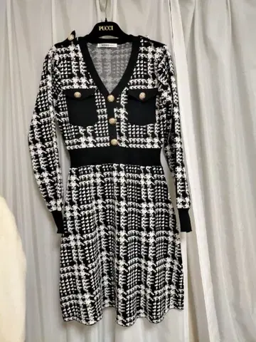 xoxo 체크 무늬 니트 원피스 긴팔