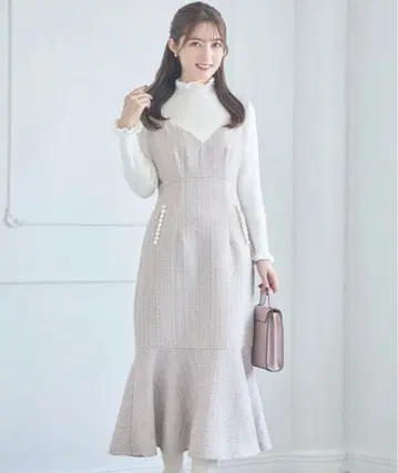 tocco closet 머메이드 라인 트위드 오버롤 스커트 핑크