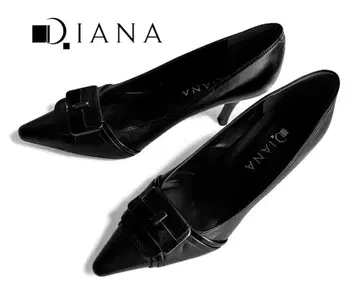 컨디션 최상 긴자 다이애나 천연 가죽 스틸레토 버클 디자인 펌프스 블랙