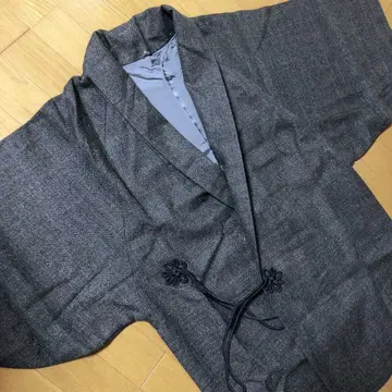 울 트위드 기모노 코트 블루 그레이 꽃 무늬 끈 포함