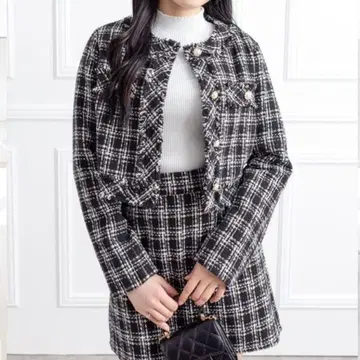 clear 트위드풍 체크 무늬 셋업 자켓 스커트