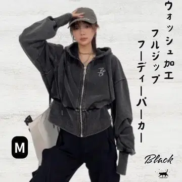 워시 가공 로고 풀 집업 M 후드티 블랙