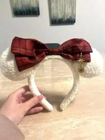 미키풍 머리띠 빨간색 체크 리본