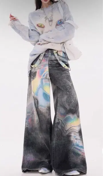 와이드 팬츠 디지털 프린트 청바지 트롱프뢰유 Y2K opium 한국